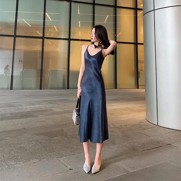 

summer women long silk dress adjustable spaghetti strap maxi satin slip dresses female ladies v-neck backless maxi dress1, Black;gray