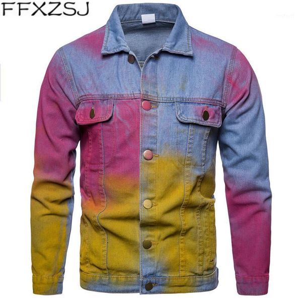 

fashion autumn men denim hip hop streetwear jackets vintage colorful patchwork dye ink jacket coat jeans bombers denim jacket1, Black;brown
