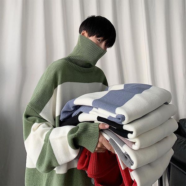 

men's sweaters thicken men turtleneck sweater pullover knitted casual striped outdoor jersey hombre fashion clothing bd50ts, White;black