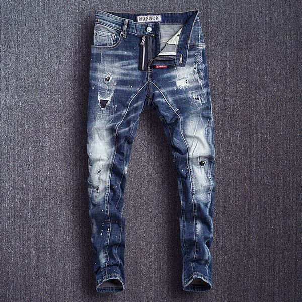 

2021 new streetwear biker breeches new men's fashionable brem fine-fitting designer torn denim pants k4ha, Blue