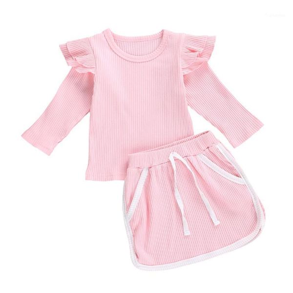 

kids girl shirt shorts suit, ruffle o-neck long sleeve ruffles solid color casual lace-up side pockets suit1, White