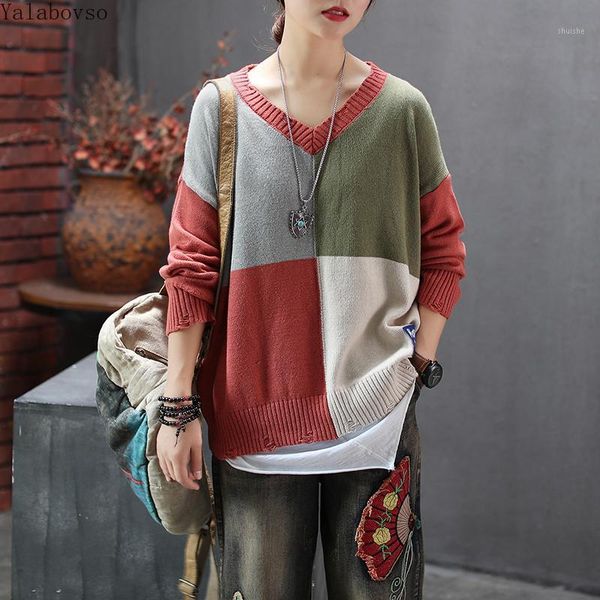 

2019 autumn winter new v-neck knitted sweater women's long-sleeved sweater retro loose hole knit vintage pullovers a0bz41, White;black