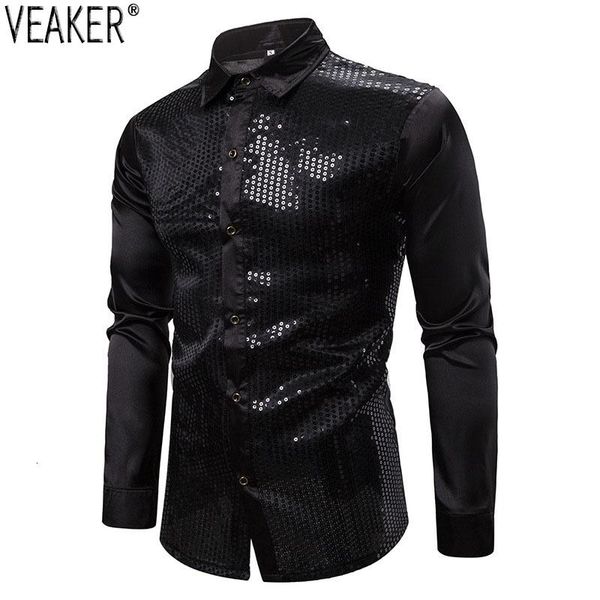 

2020 new men's sequin party wedding shirts male black gold silver nightclub shiny shirt slim fit long sleeve shirt s-2xl, White;black