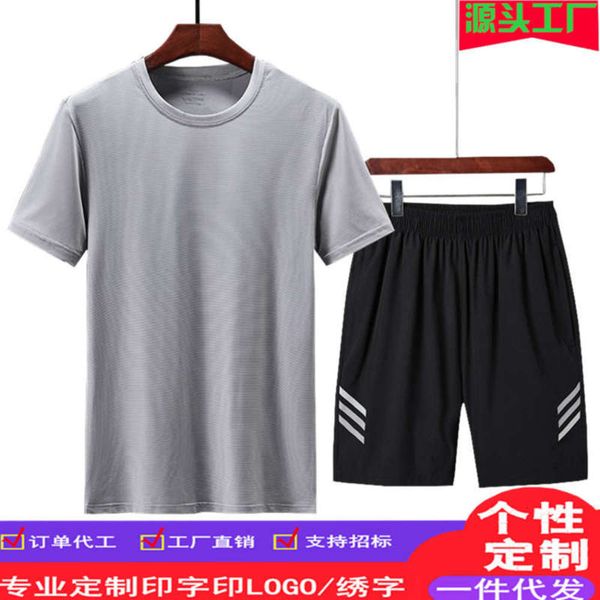 

running summer men's large fitness sportswear breathable quick dry short sleeve t-shirt capris beach shorts, Gray