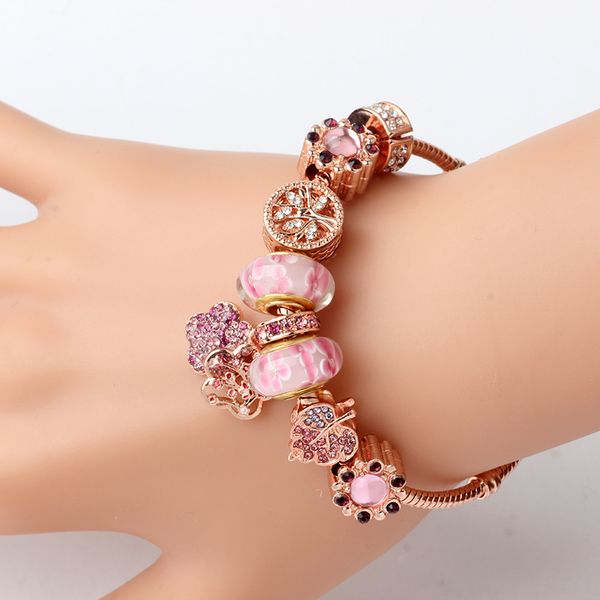 

2020 rose gold long peach blossom glass beads pandora bracelet diy pendant alloy beaded bracelet of shipping, Golden;silver