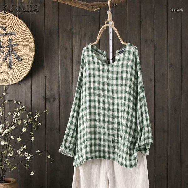 

2020 women o-neck shirts summer long blouse zanzea casual plaid cotton linen tunic female loose lace up blusas chemise robe1, White