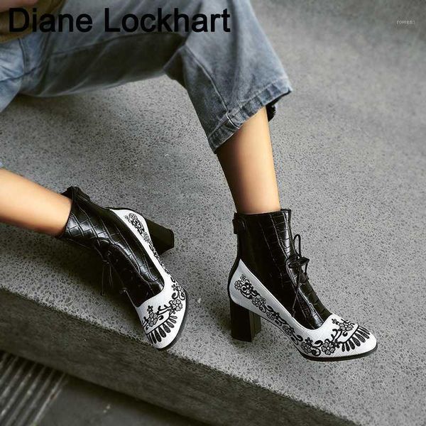 

retro printed booties leather women ankle boots embroidery high heels casual woman shoe zipper vintage female footwear boot 371, Black