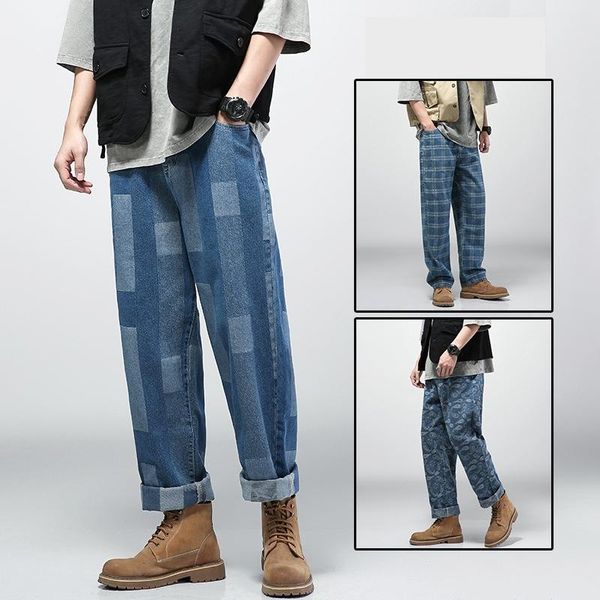 

men's jeans man straight pants 2021 wide leg hip hop bandana paisley pattern streetstyle fashion casual jean men trousers, Blue