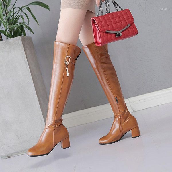 

boots women over the knee thick low heels knight pu leather zipper autumn winter fashion shoes black brown beige1