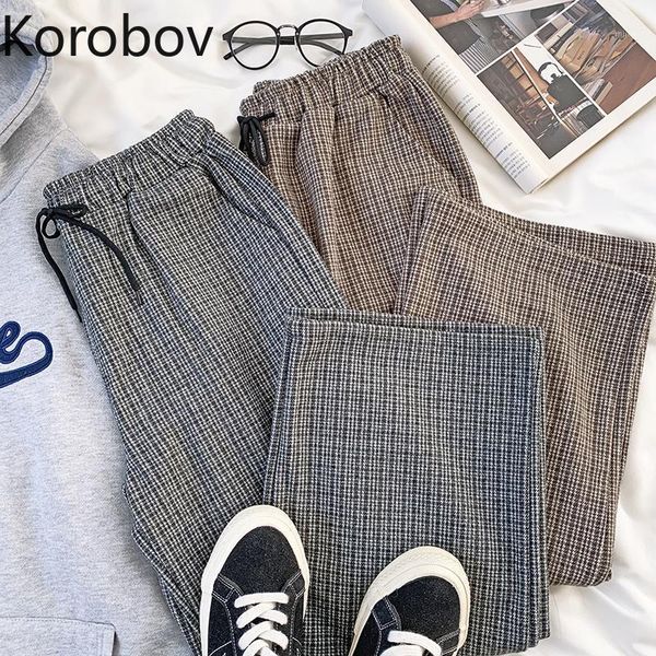 

korobov winter retro korean elastic lace up high waist loose thick wide leg pants preppy style vintage women trousers1, Black;white