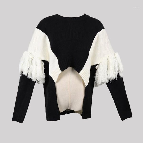 

european american streets sweater autumn winter fashion contrast tassel lazy o neck long sleeve street fashion sweater1, White;black