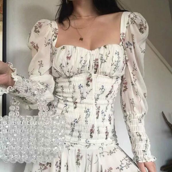 

2021 holiday vocation floral print puff sleeve ruffle mini dress drop shipping good quality, Black;gray