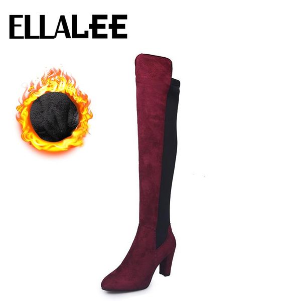 

boots knee high women pointed toe chunky heel slip-on mixed color red black british style fashionable long