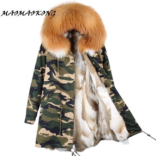 Parka Feminina Длинная зимняя куртка пальто женские Parkas камуфляж реальный енотный меховой воротник с капюшоном натуральный REX кролика меховой лайнер 201130