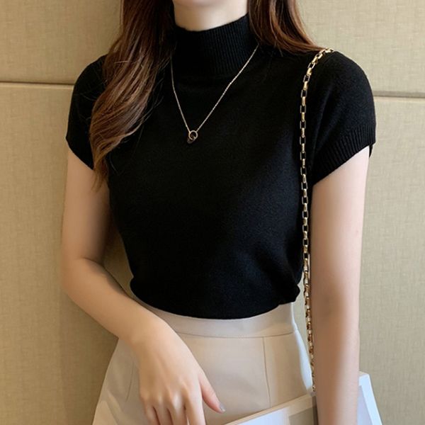 

korea style women's new knitted fashion summer casual high collar solid color short sleeve t-shirt female tshirt, White