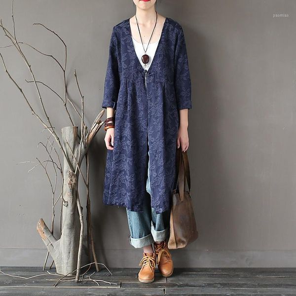 

johnature women jacquard trench chinese style 2019 spring new button full sleeve v-neck cardigan vintage coats pockets trench1, Tan;black