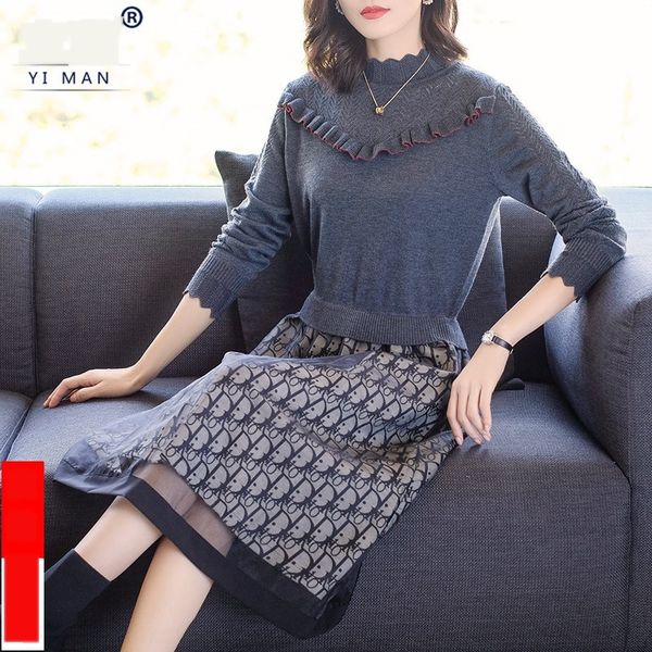 

splicing dress long skirtaline dressskirt new fall 2019 women's dress with waist closing and thin temperament knitting long sleeve a-li, Black;gray