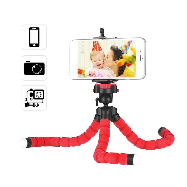 

flexible sponge oc tripod stand holder with smartphone clip for iphonex/8 go pro video camera 360° rotating ball head