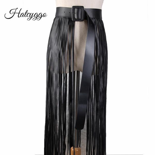 

belts hatcyggo boho fringe wide belt style women leather black waist ladies personality slim long tassel strap high waistband, Black;brown