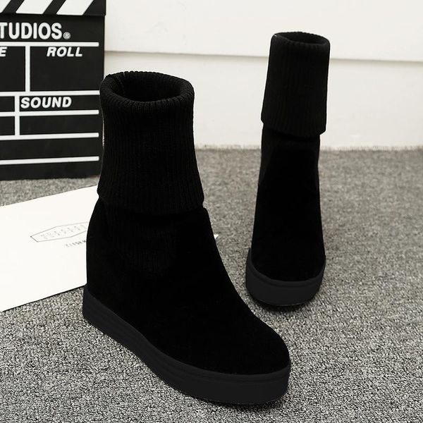 

2020 spring and autumn new wool booties korean knit wool thick bottom women's boots, Black