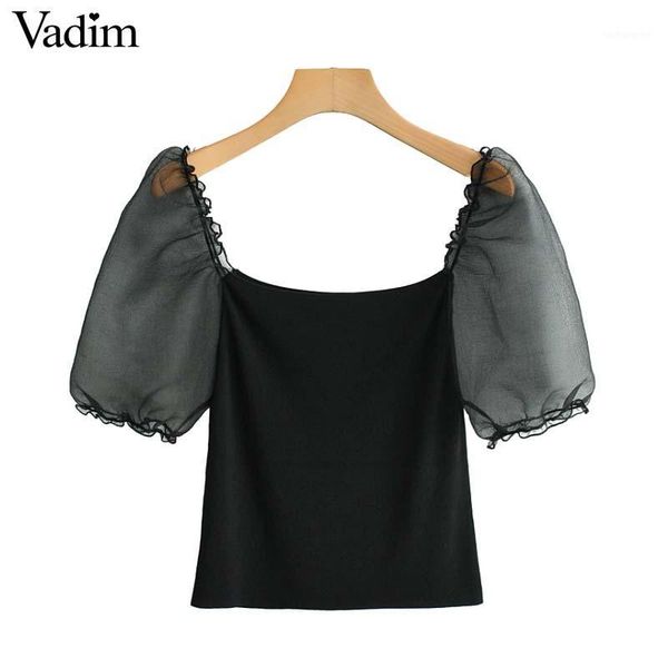 

vadim women square collar black short blouse half puff sleeve patchwork stretchy fashion female casual chic crop da5131, White
