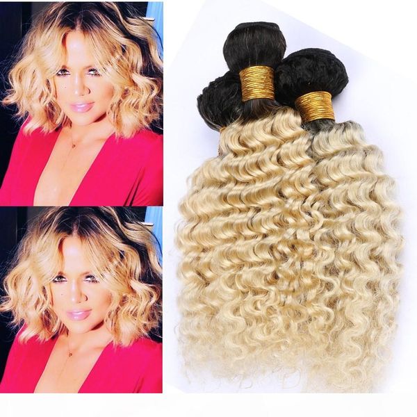 

blonde ombre deep wave malaysian human hair weave wefts #1b 613 blonde ombre dark root virgin hair bundles deep wavy 3pcs mixed length, Black