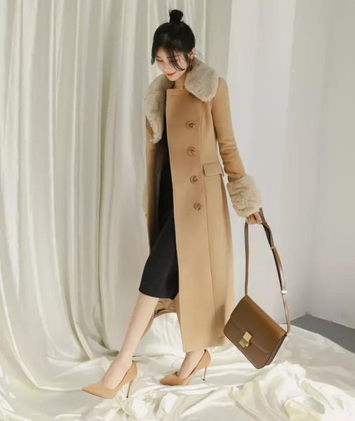 

women's fur & faux winter 2021 fashion plus size wool cotton brown ankle coat women, Black