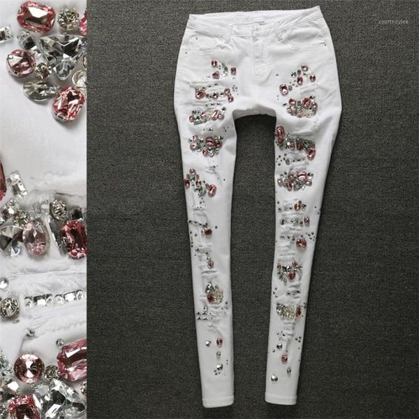 

size 25-31 streetwear pearl hole jeans female casual pocket skinny pencil jean pants destroyed ripped denim jean women trousers1, Blue