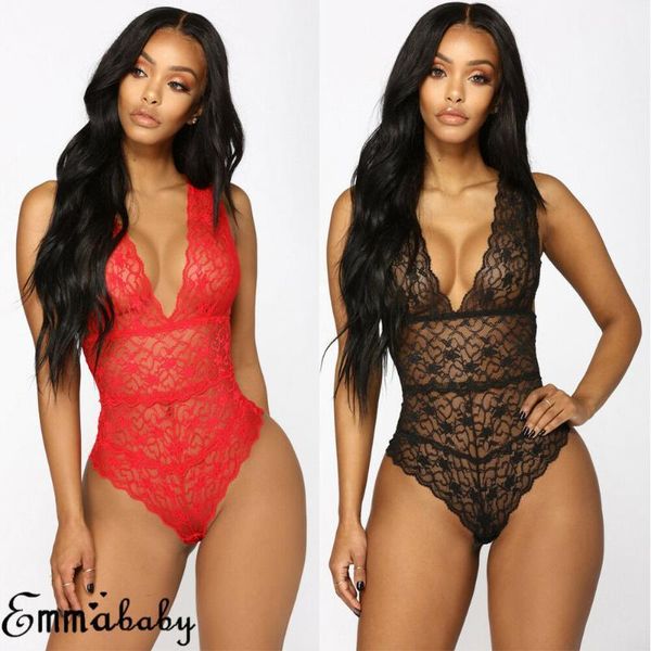 

women's lace floral lingerie bodysuits nightwear underwear g-string deep v neck babydoll catsuit lingerie erotic1, Red;black