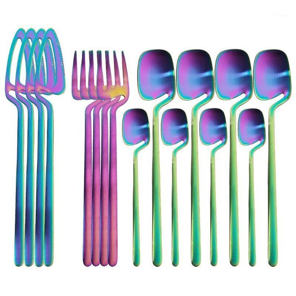 

16pcs rainbow matte cutlery set 304 stainless steel dinnerware set knife fork spoon dinner kitchen flatware tableware1