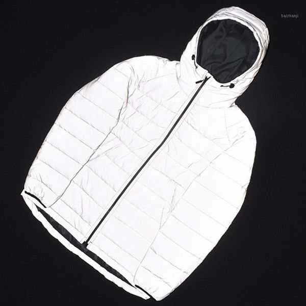 

thick loose glowing parka winter short outwear reflective jacket women luminous casual overcoat hip hoodies warm streetwear1, Black