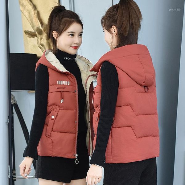 

women's vests women down cotton hoodie vest female short 2021 autumn winter slim hooded waistcoat jacket big size1, Black;white