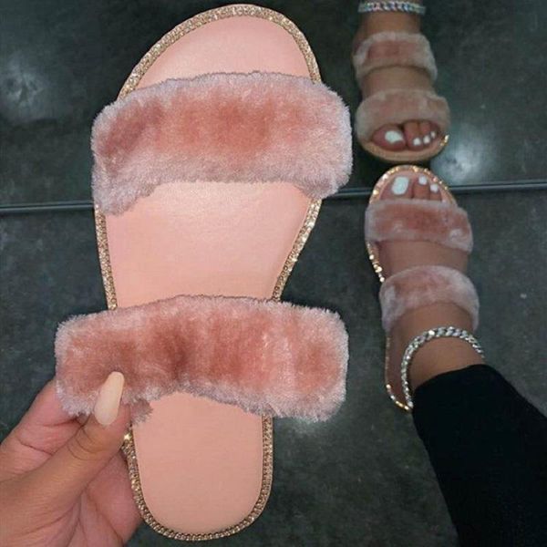 

2020 fashion women slippers furry fur slides home rhinestone flip flops plush house shoes female cute winter warm slippers, Black