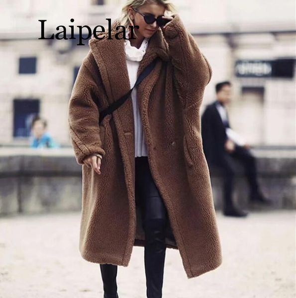 

women's wool & blends laipelar fashion winter oversized long camel coat woman faux fur fuzzy jacket brown shaggy teddy coat1, Black