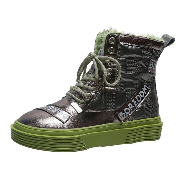 

2021 the new fashions letters flat ankle for women thicken warm teddy winter boots woman thick heels lace up to platform shoes jskg, Black
