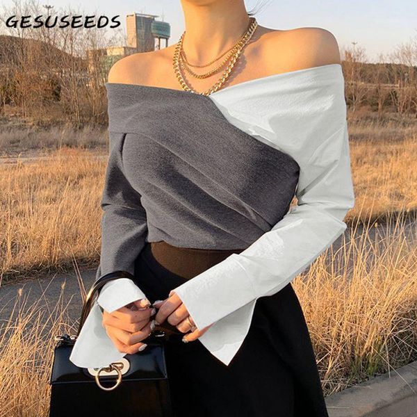 

autumn shirt women 2020 long sleeve blouse slim off shoulder shirt patchwork crop blouse black grey knitted female1, White