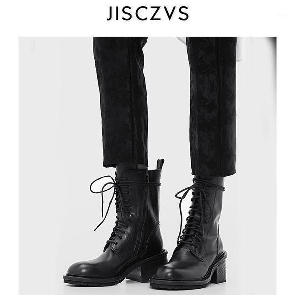 

boots 2021 woman chunky heels motorcycle leather high heel ankle women fashion women's round toe punk1, Black