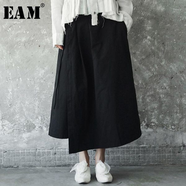 

eam] 2019 new spring solid color high waist black side bandage loose half-body skirt women fashion all-match je811011