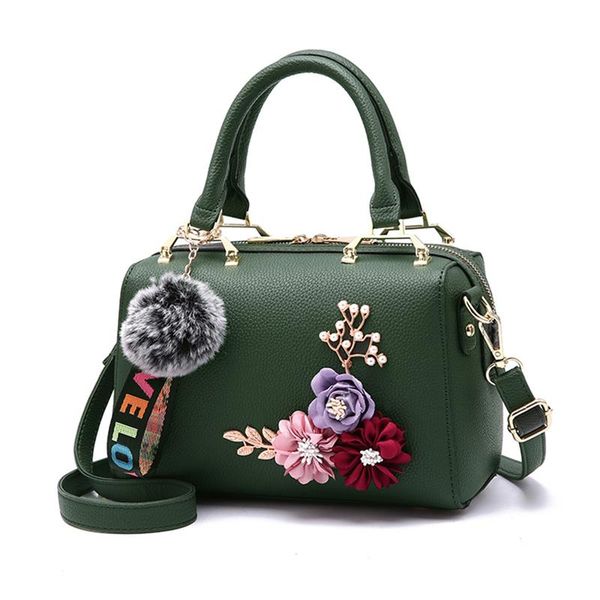 

fashion pu leather handbag flowers shell crossbody shoulder bag for women femme rivets fur ball pendant designer women bag