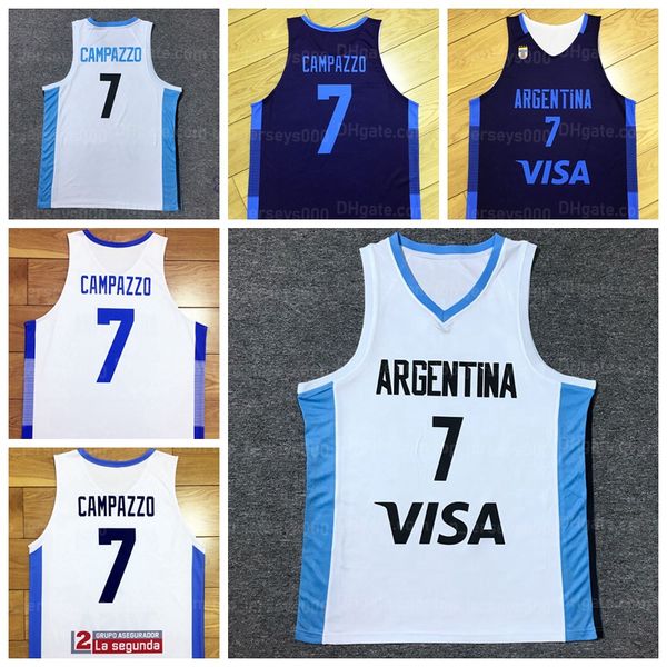 Benutzerdefiniertes Facundo Campazzo #7 Team Argentinien Basketball-Trikot, bedruckt, weiß, blau, beliebiger Name, Nummer, Größe XS-4XL, Top-Qualität