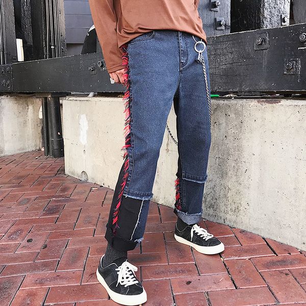 

2021 straight jeans seam from men of personality spring new korean style stylish styling elegant beautiful wool bordering pants vi9r, Blue