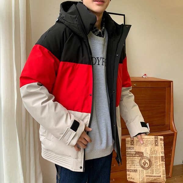 

men's down & parkas autumn winter trend casual wild plus size loose fashion color matching thickening men hooded jacket, Black