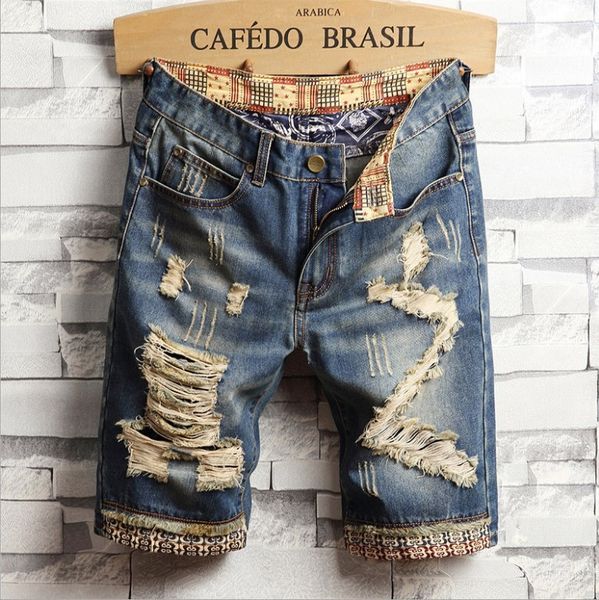 

men's perforated shorts fashion city badge embroidery jeans men, Blue