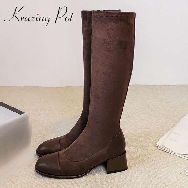 

krazing pot cow leather round toe high heel stretch boots patchwork korean street beauty lady dating party knee-high boots l61, Black