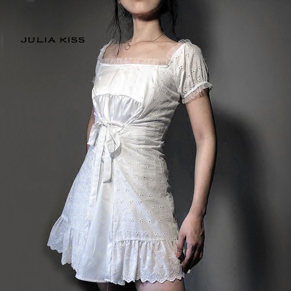 

women scoop neck lace up waist cotton eyelet embroidered dress with puff short sleeve, Black