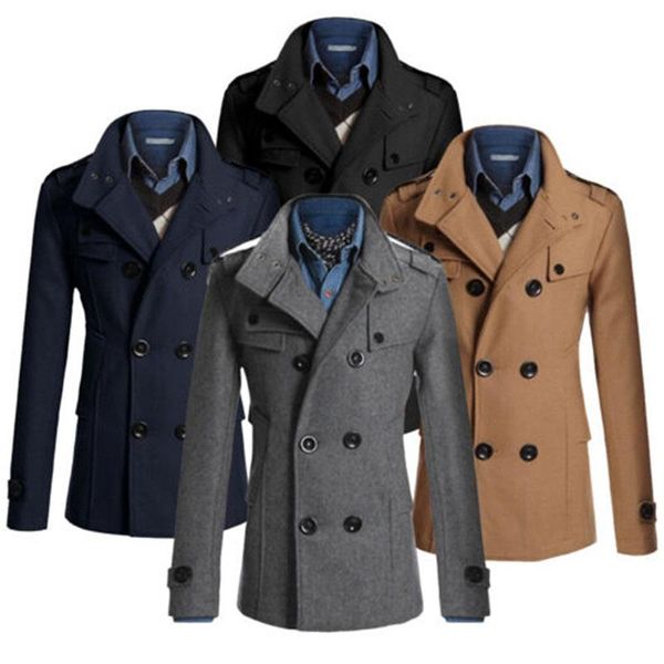 

mens winter trench coat double breasted warm outwear jacket formal overcoat, Tan;black