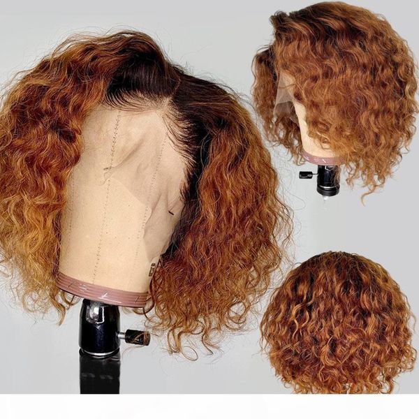 

ombre 1b 27 colored short curly bob wig lace front human hair wigs with natural hairline 13*4 plucked remy brazilian lace wigs, Black;brown
