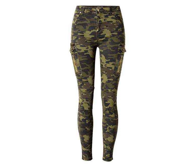 Jeans da jogging mimetici a vita media per le tasche laterali da donna Jeans skinny elasticizzati slim Pantaloni da donna in denim push-up militari Y220311