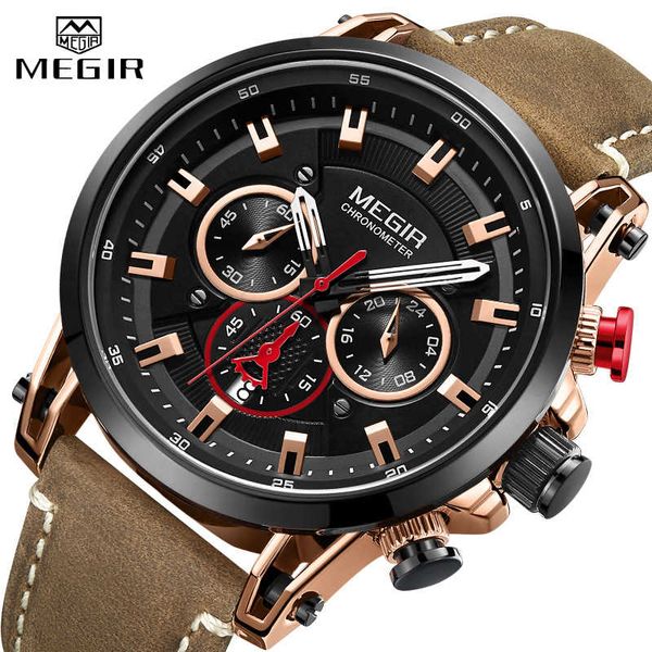 

megir watch men's leather strap quartz sports watch men's waterproof shockproof watch chronograph 2020 reloj hombre, Silver