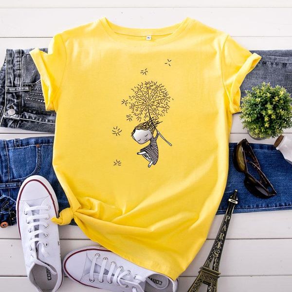 

large size women dandelion girl print t-shirt short sleeve creative streetwear harajuku summer cotton o neck tee shirt1, White